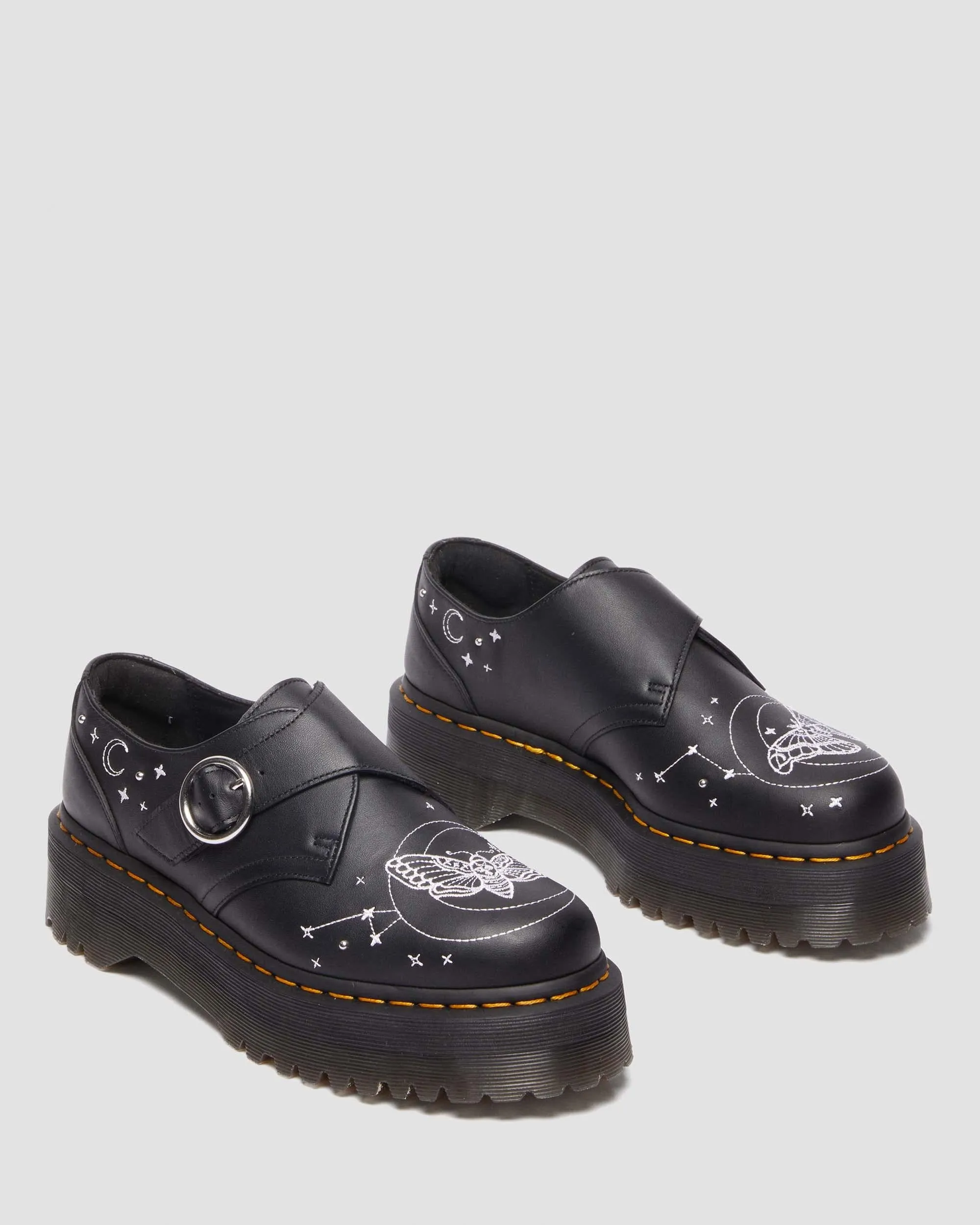 Monk Strap Quad Celestial Moth Embroidered Leather Platform Shoes