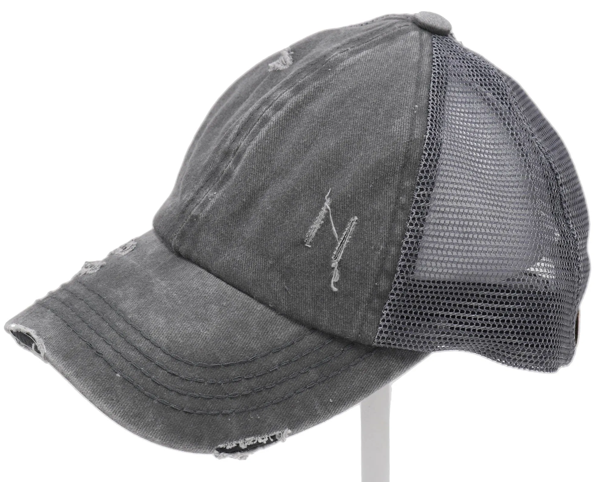 Monogram Patch Authentic CC Beanie CrissCross High Ponytail Trucker Hat Distressed Wash Denim-Engraved Faux Leather