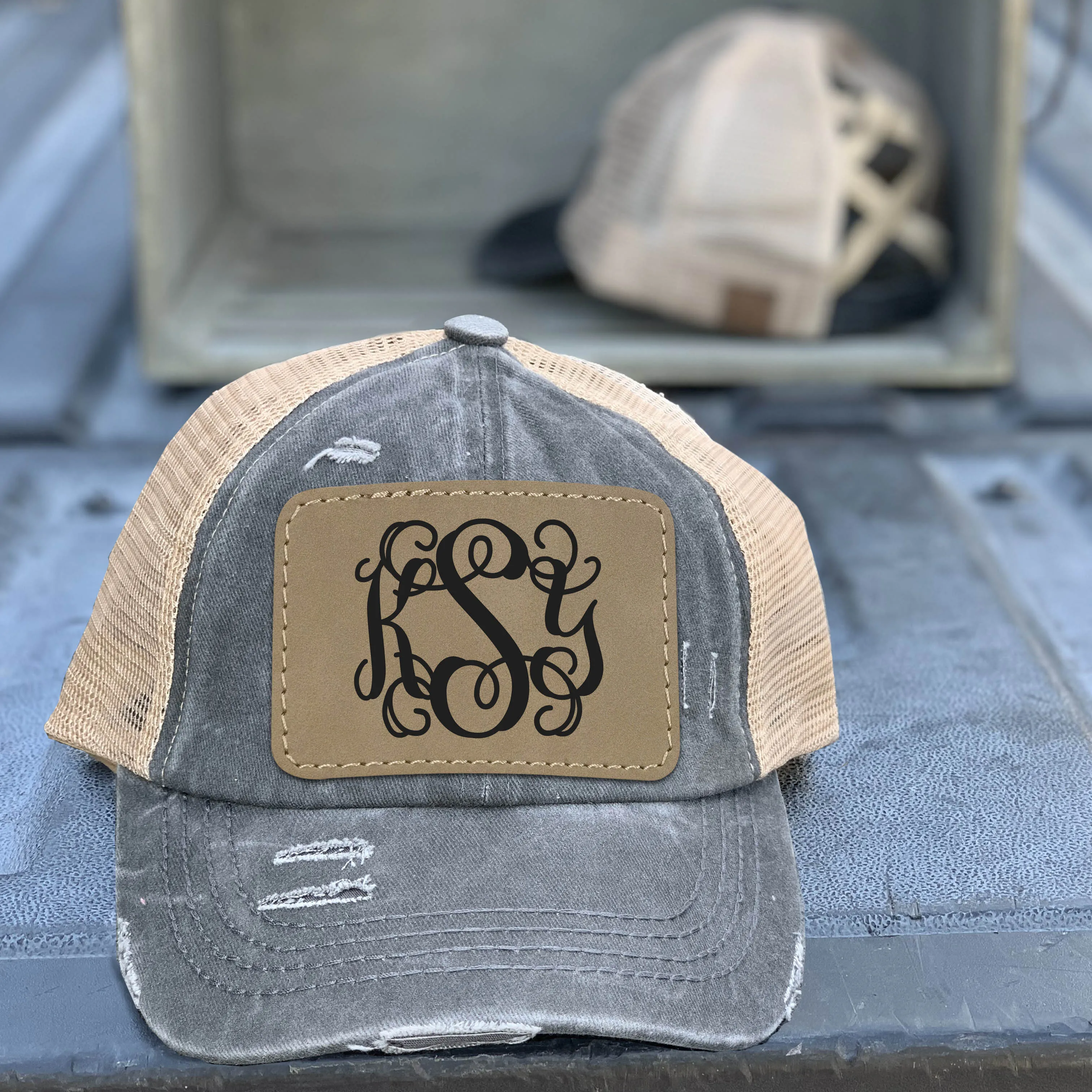 Monogram Patch Authentic CC Beanie CrissCross High Ponytail Trucker Hat Distressed Wash Denim-Engraved Faux Leather