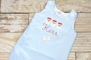 Monogrammed boys Christmas overalls in baby blue corduroy, Boys Christmas outfit with Santa design, baby boy Holiday outfit