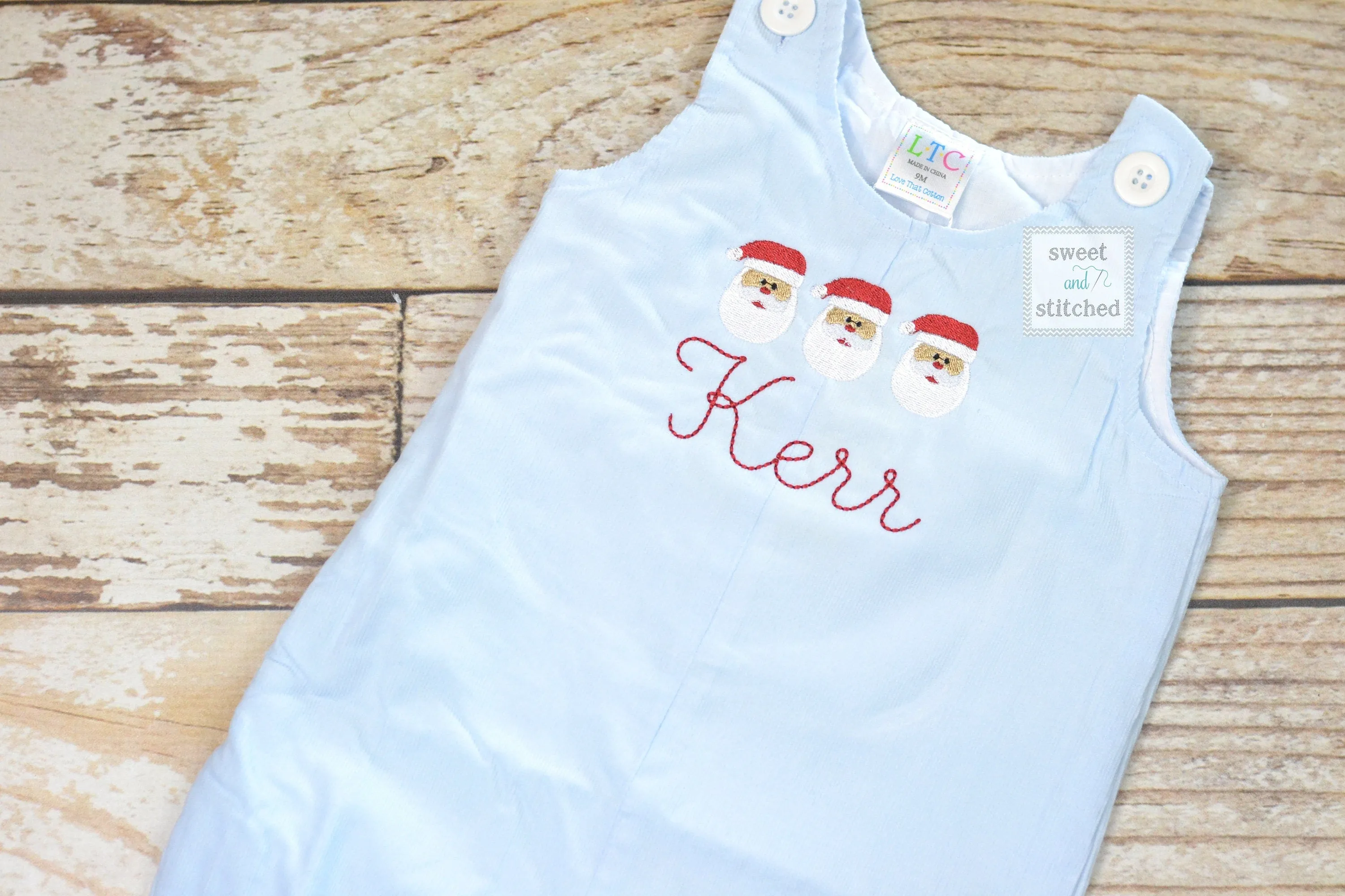 Monogrammed boys Christmas overalls in baby blue corduroy, Boys Christmas outfit with Santa design, baby boy Holiday outfit