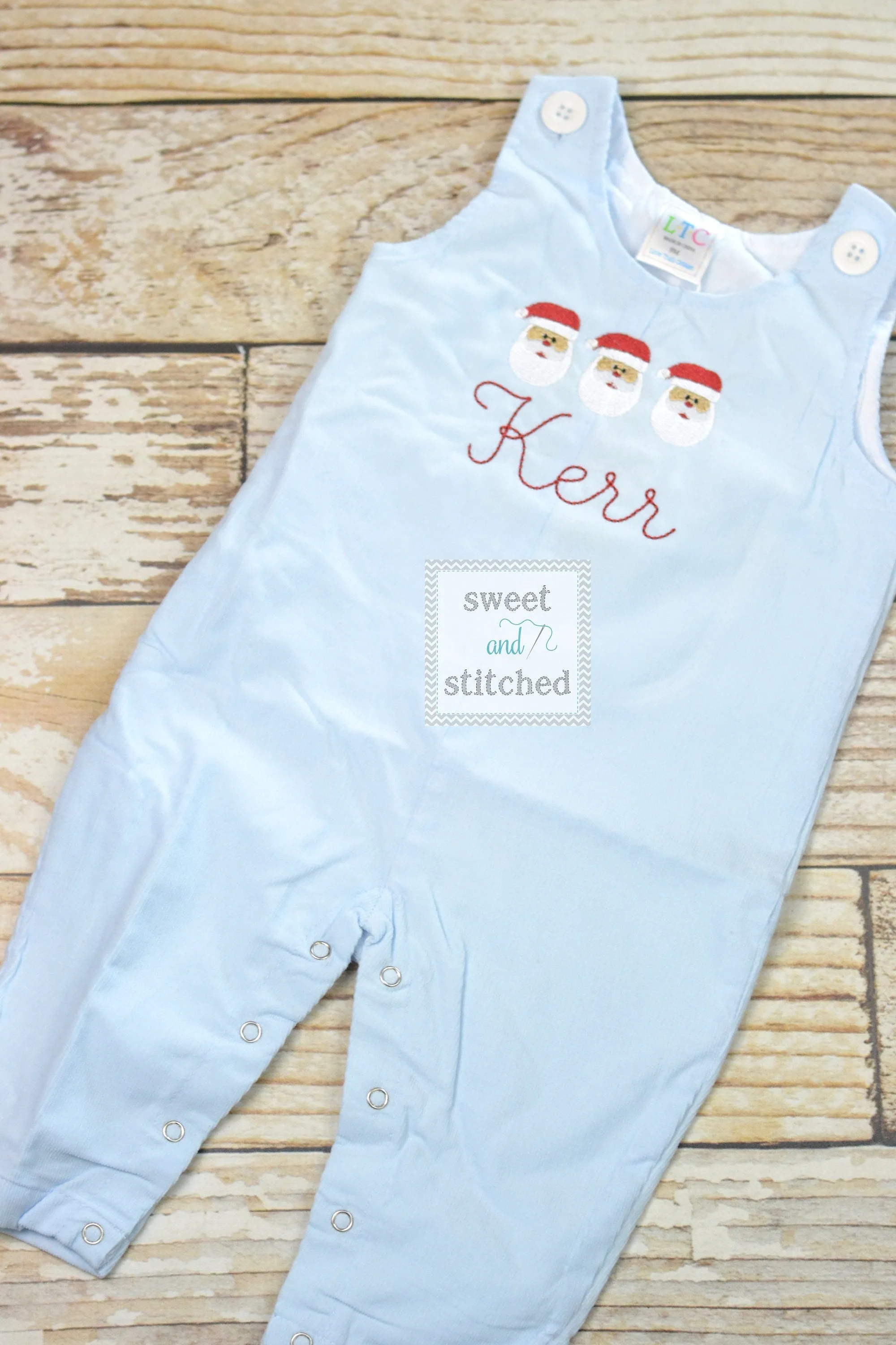 Monogrammed boys Christmas overalls in baby blue corduroy, Boys Christmas outfit with Santa design, baby boy Holiday outfit