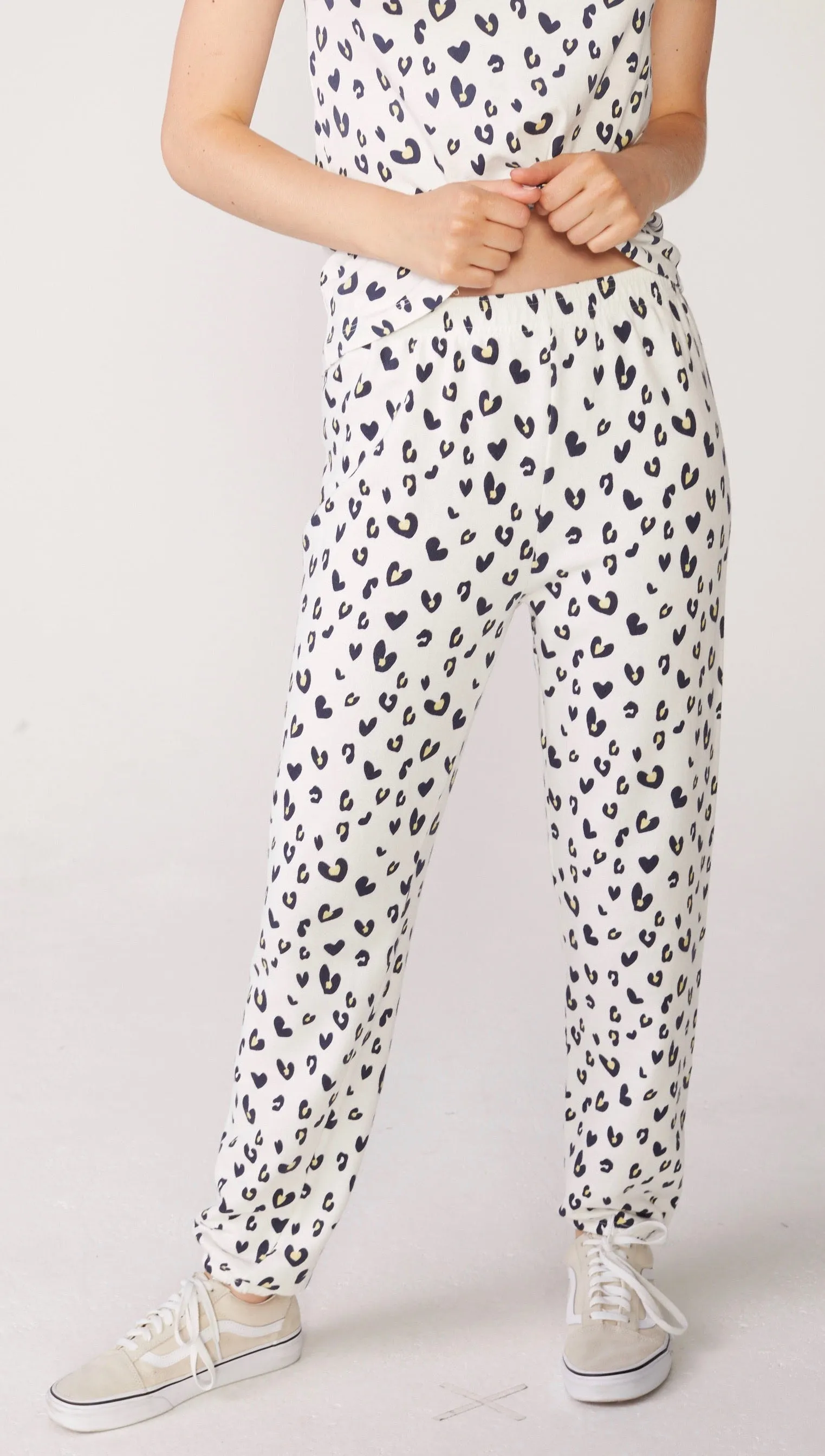 MONROW Heart Leopard Elastic Waist Sweats Natural