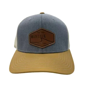 Montauk Surf and Sports The End Wave Patch Logo Leather Ostrich Style Hat in Denim and Khaki