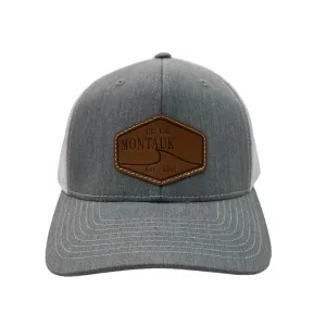 Montauk Surf and Sports The End Wave Patch Logo Leather Ostrich Style Hat in Denim and White