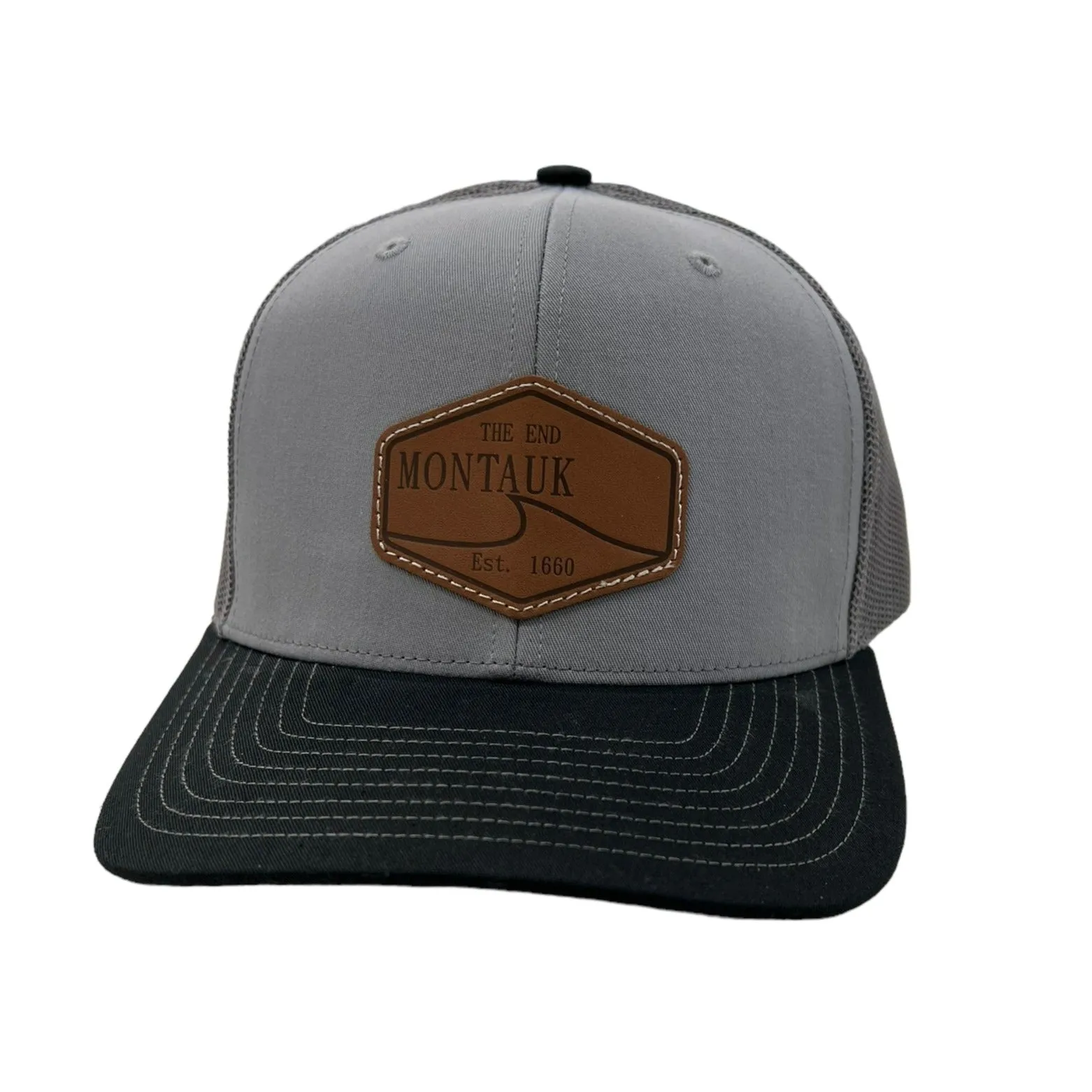 Montauk Surf and Sports The End Wave Patch Logo Leather Ostrich Style Hat in Navy and Grey