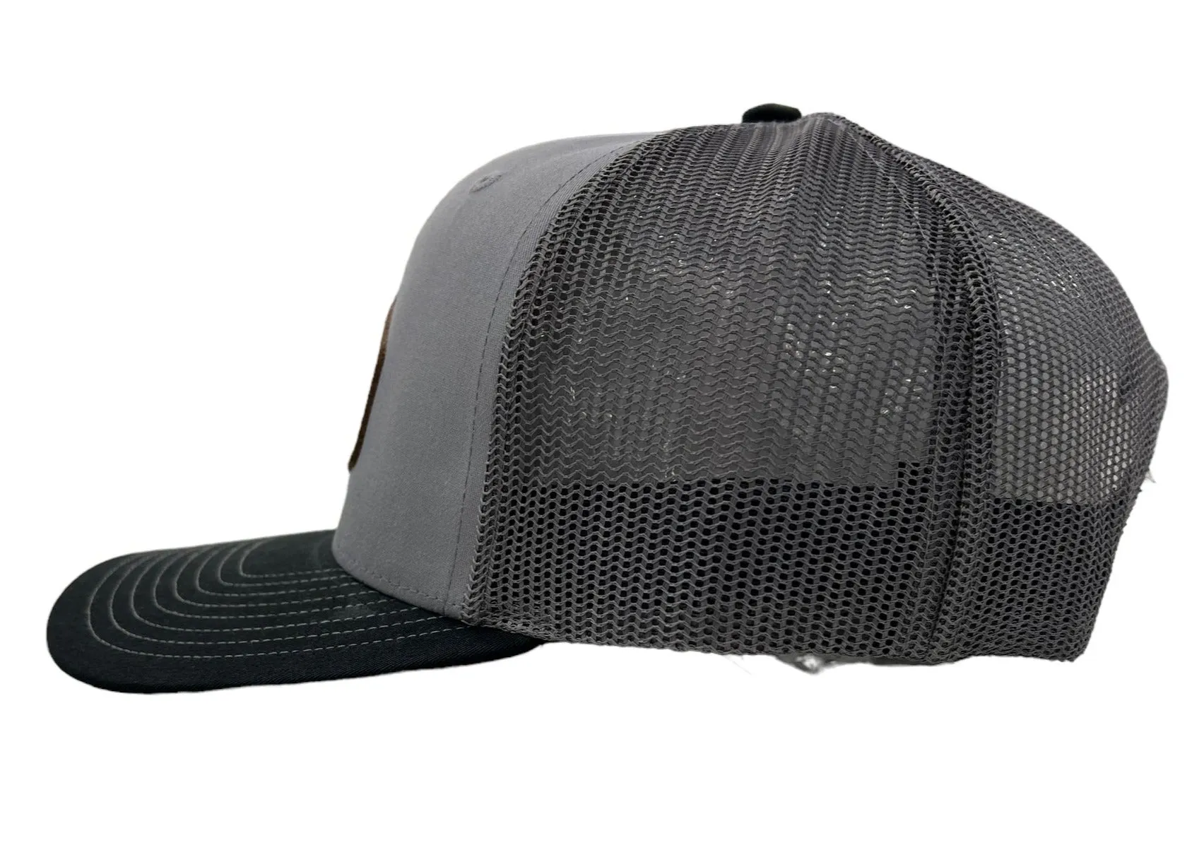 Montauk Surf and Sports The End Wave Patch Logo Leather Ostrich Style Hat in Navy and Grey