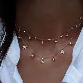 Moon & star drop charm silver choker Layered CZ silver 925 necklace