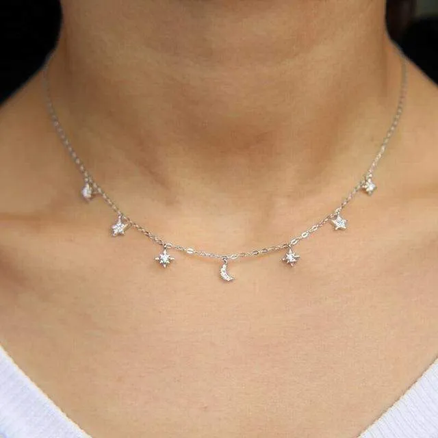 Moon & star drop charm silver choker Layered CZ silver 925 necklace