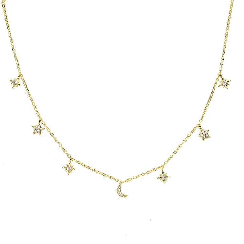 Moon & star drop charm silver choker Layered CZ silver 925 necklace