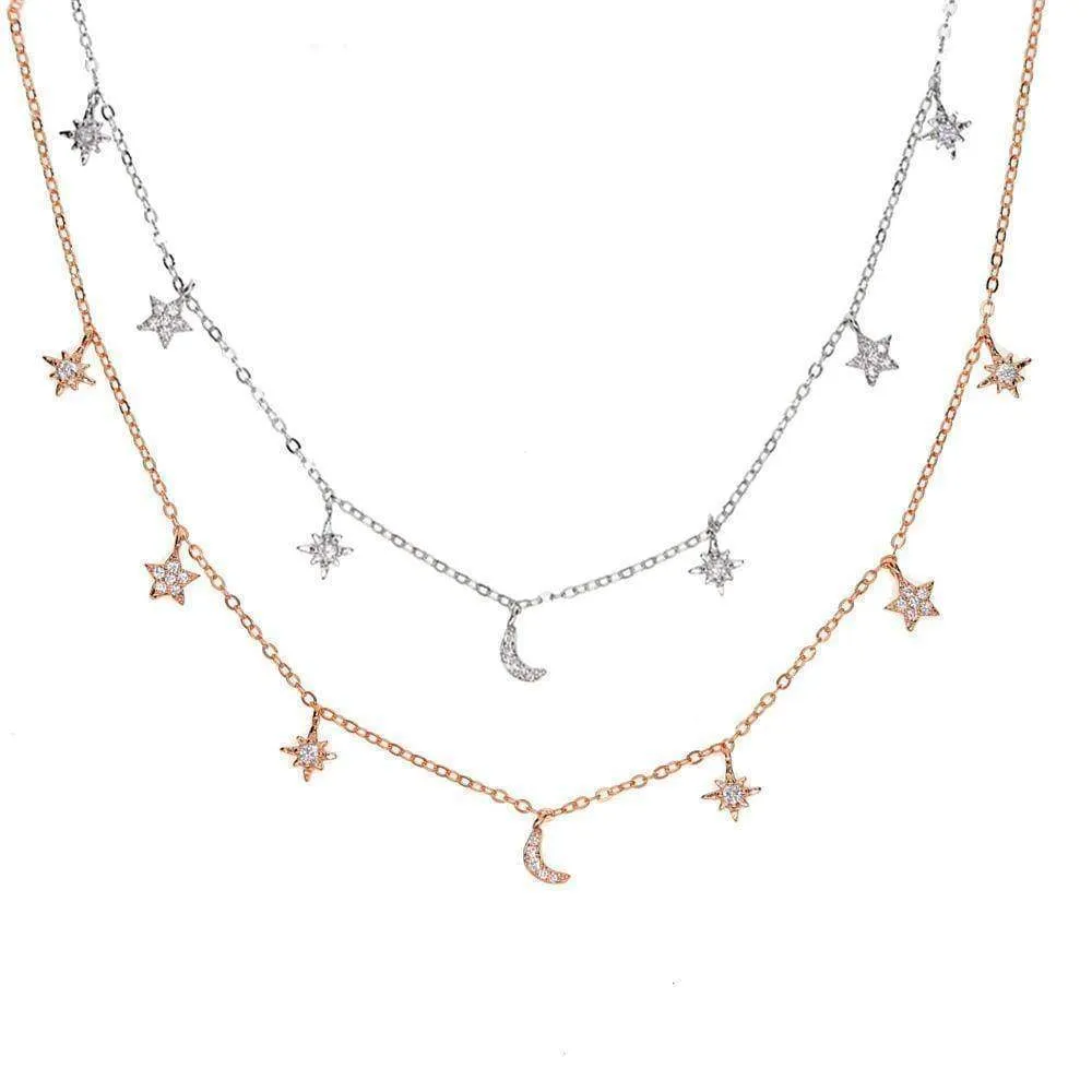 Moon & star drop charm silver choker Layered CZ silver 925 necklace