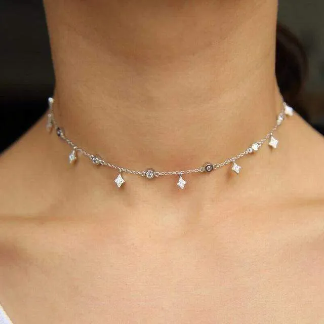 Moon & star drop charm silver choker Layered CZ silver 925 necklace