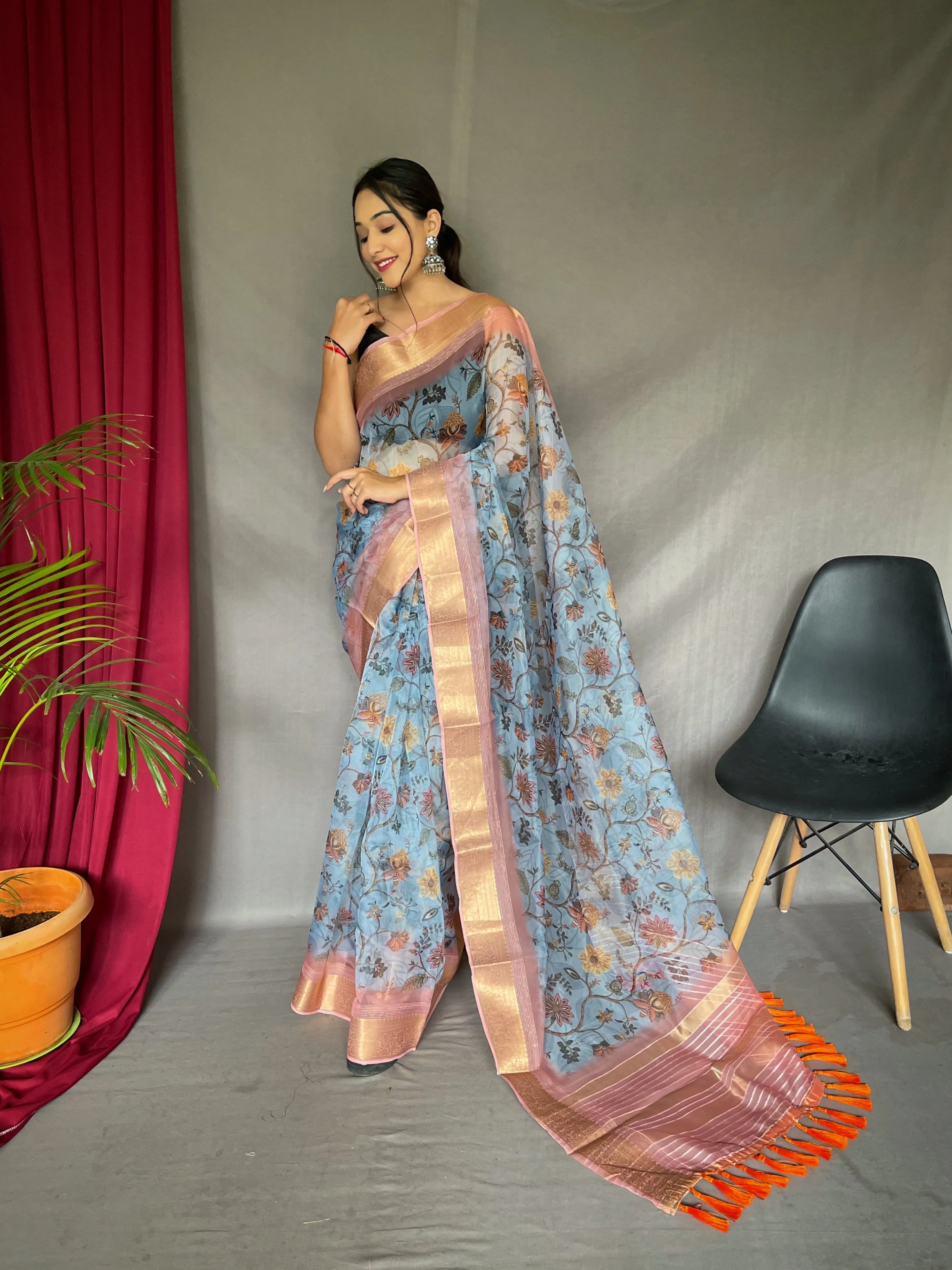 Moonstone Blue Saree in Organza Floral Printed with Sequins Jacquard