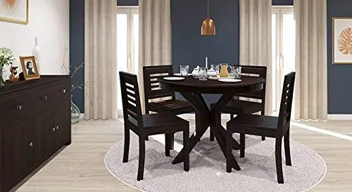 MoonWooden Sheesham Wood 4 Seater Dining Round Table with 4 Chairs for Home Dining Room Hotel Solid Wooden Jali Design Dining Set (Black Finish)