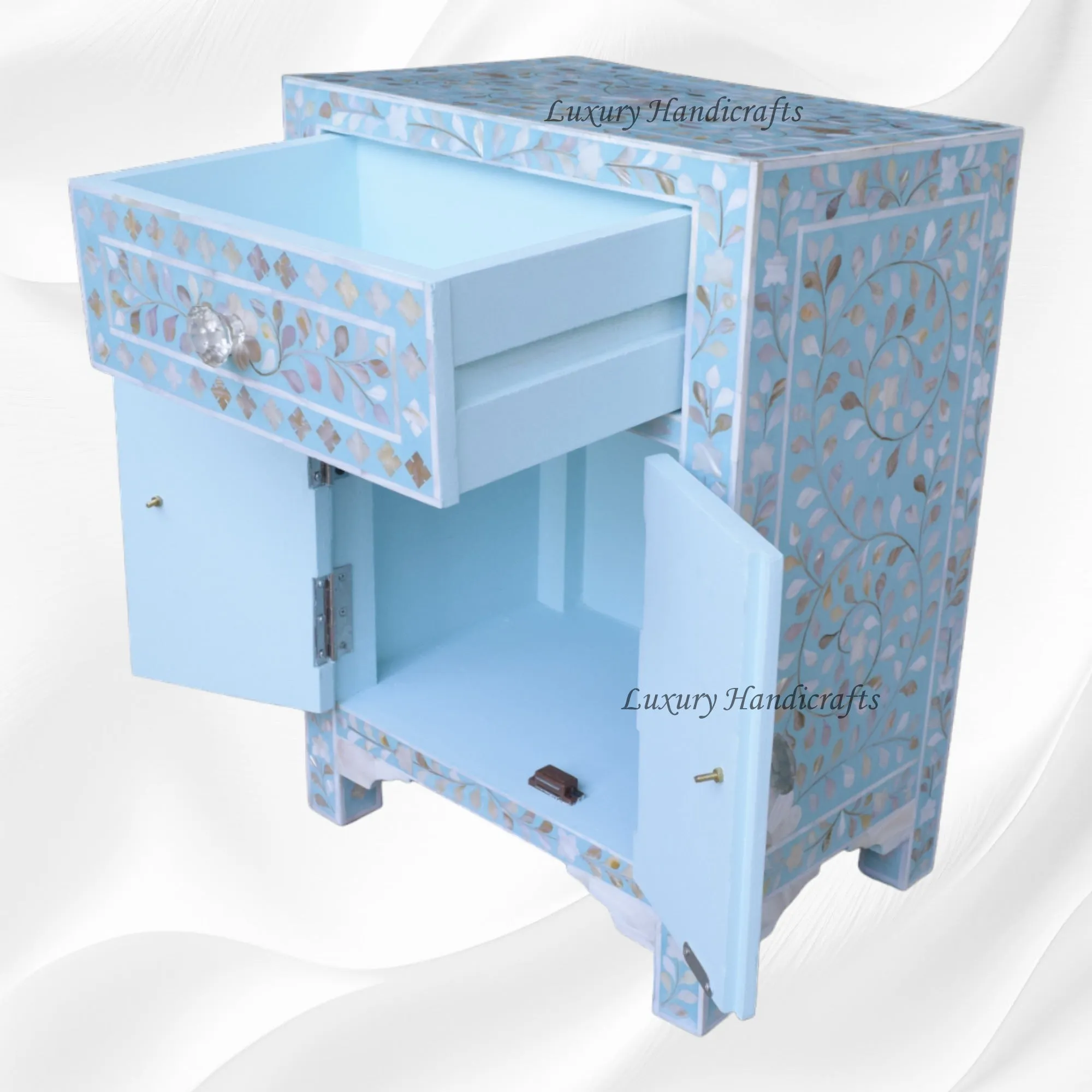 MOP Floral 1 Drawer 2 Door Bedside Table Turquoise