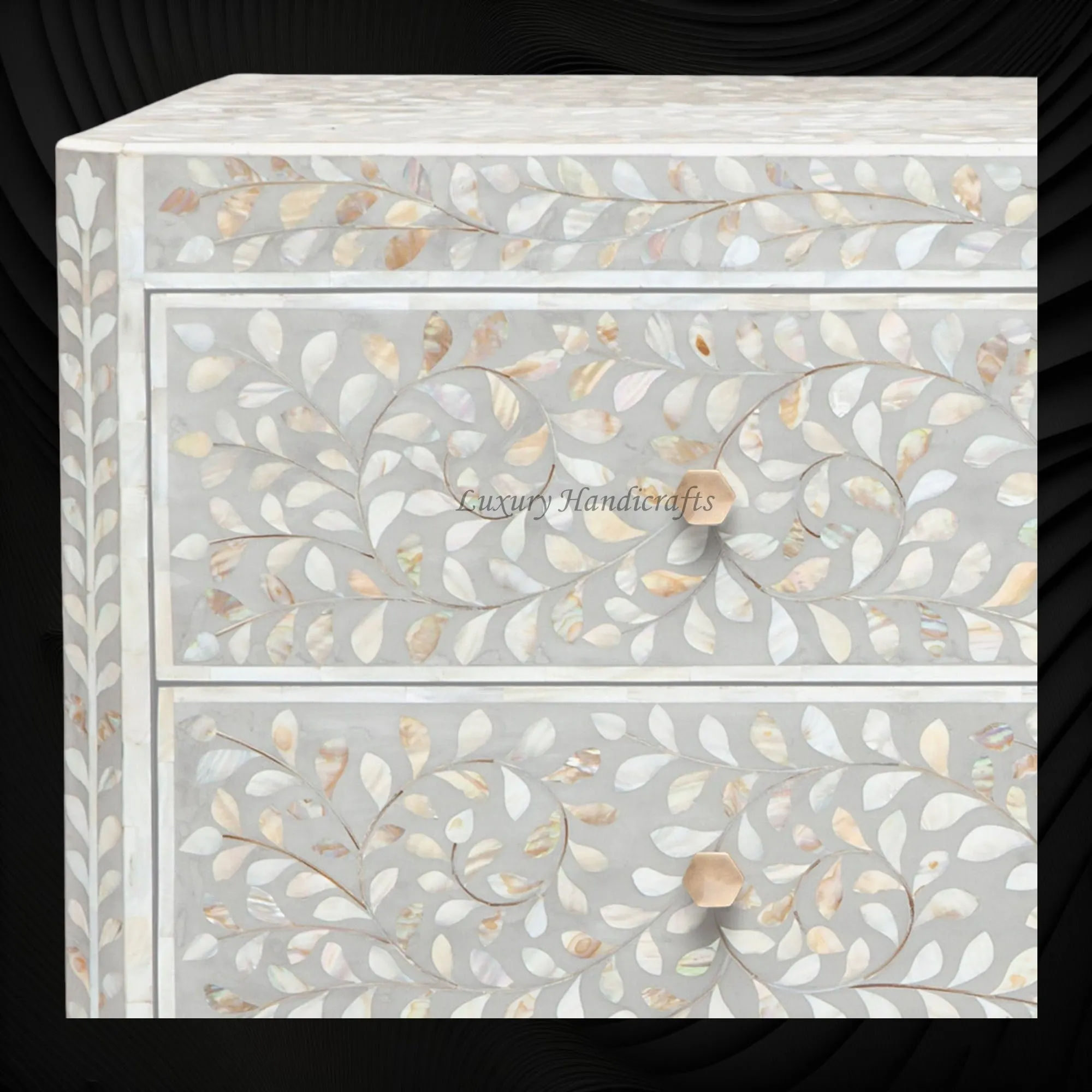 MOP Inlay Edge Floral 3 Drawer Dresser Grey