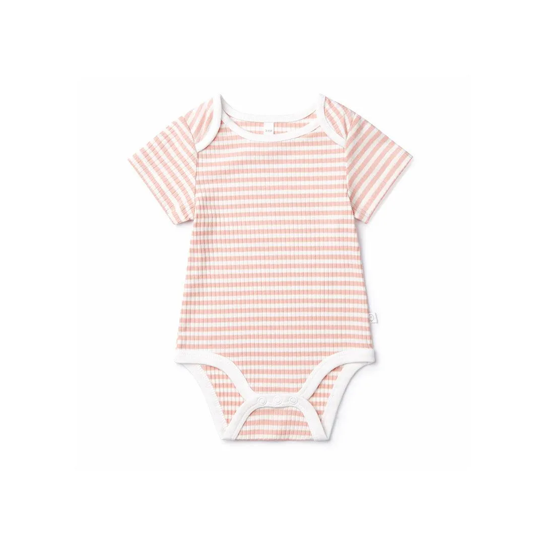 MORI Ribbed Short Sleeve Bodysuit - Pink Stripe