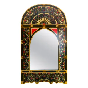 Moroccan Hand Painted Wall or Vanity Mirror in Black with Gold and Mustard