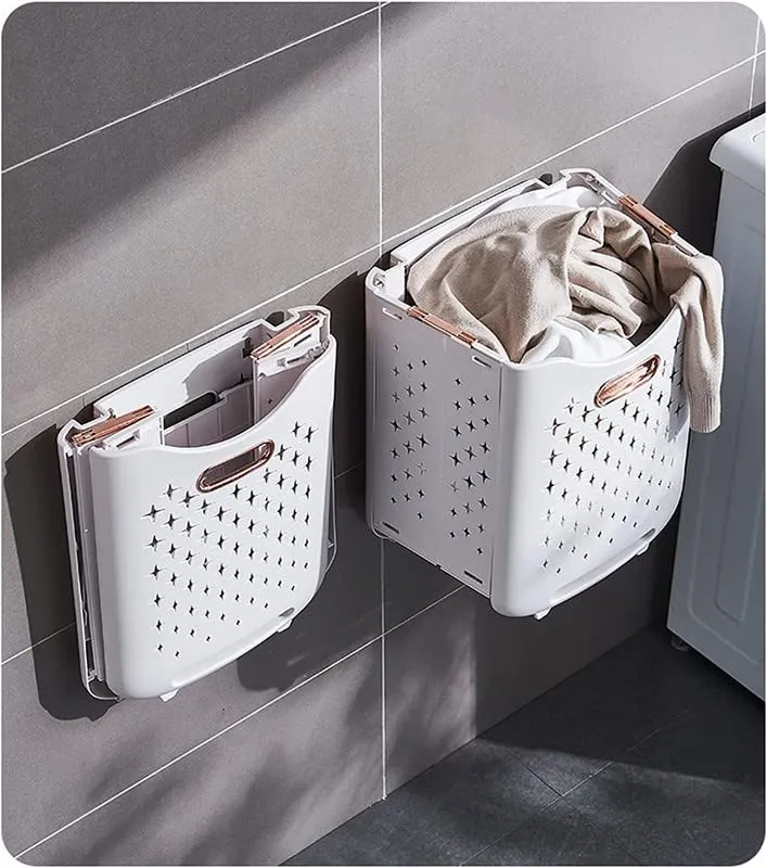 MosQuick®Plastic Collapsible Laundry Baskets Wall Hanging Dirty Clothes Hamper with Hidden Pull-rod Multifunctional Plastic Laundry Baskets for Laundry Room Organization Bathroom, White