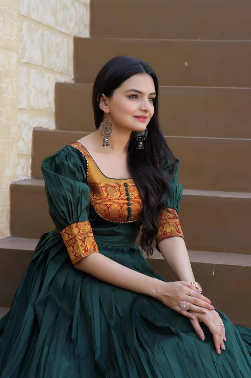 Mother-Daughter Green Color Beautiful Work Gown