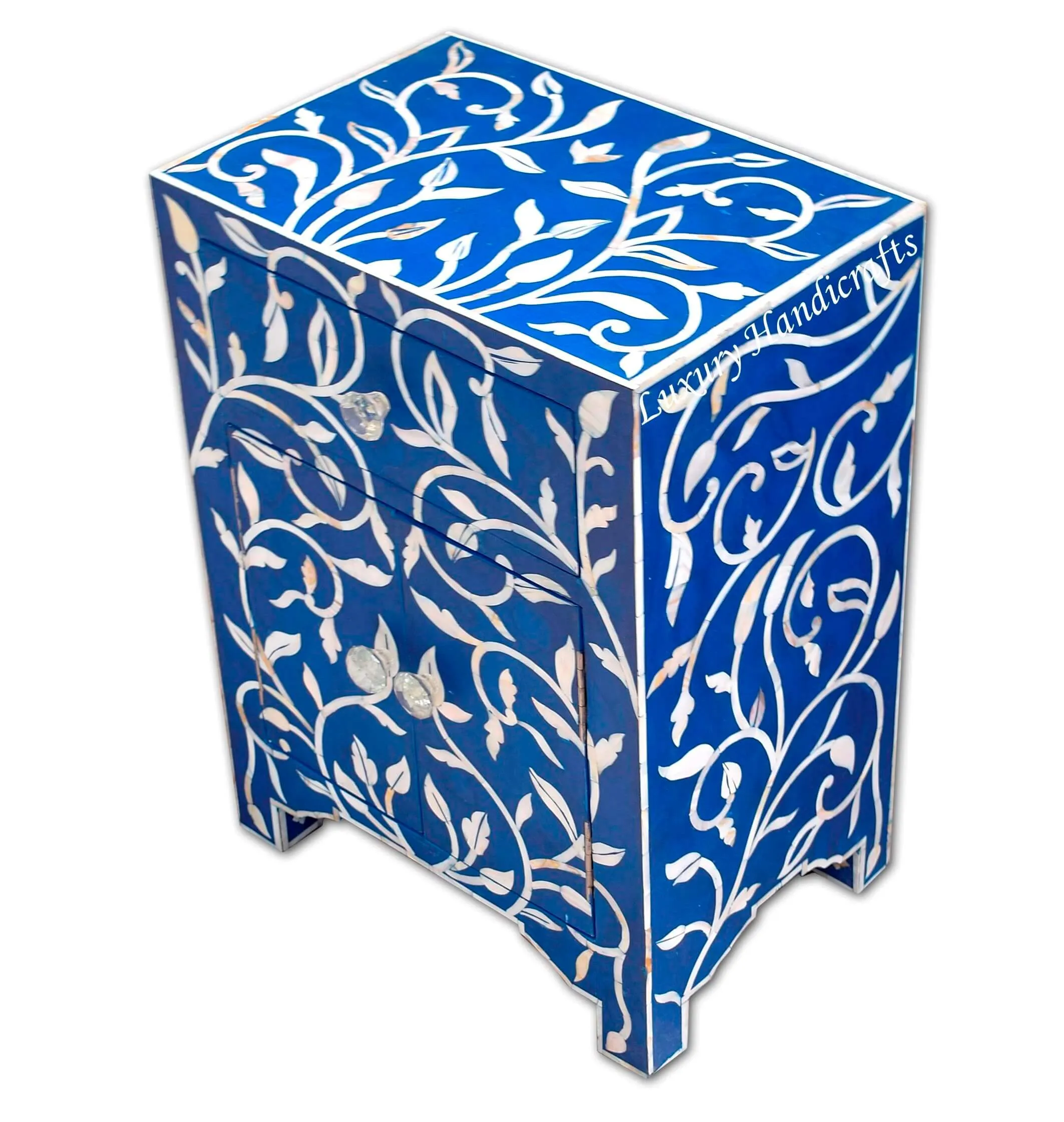 Mother Of Pearl Inlay 1 Drawer 2 Door Lily Design Bedside Dark Blue