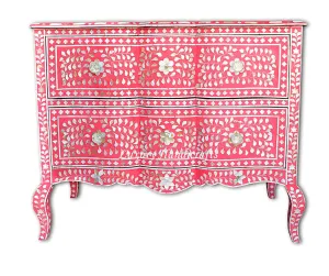 Mother Of Pearl Inlay Chest 2 Curved Drawer Floral Design Pink