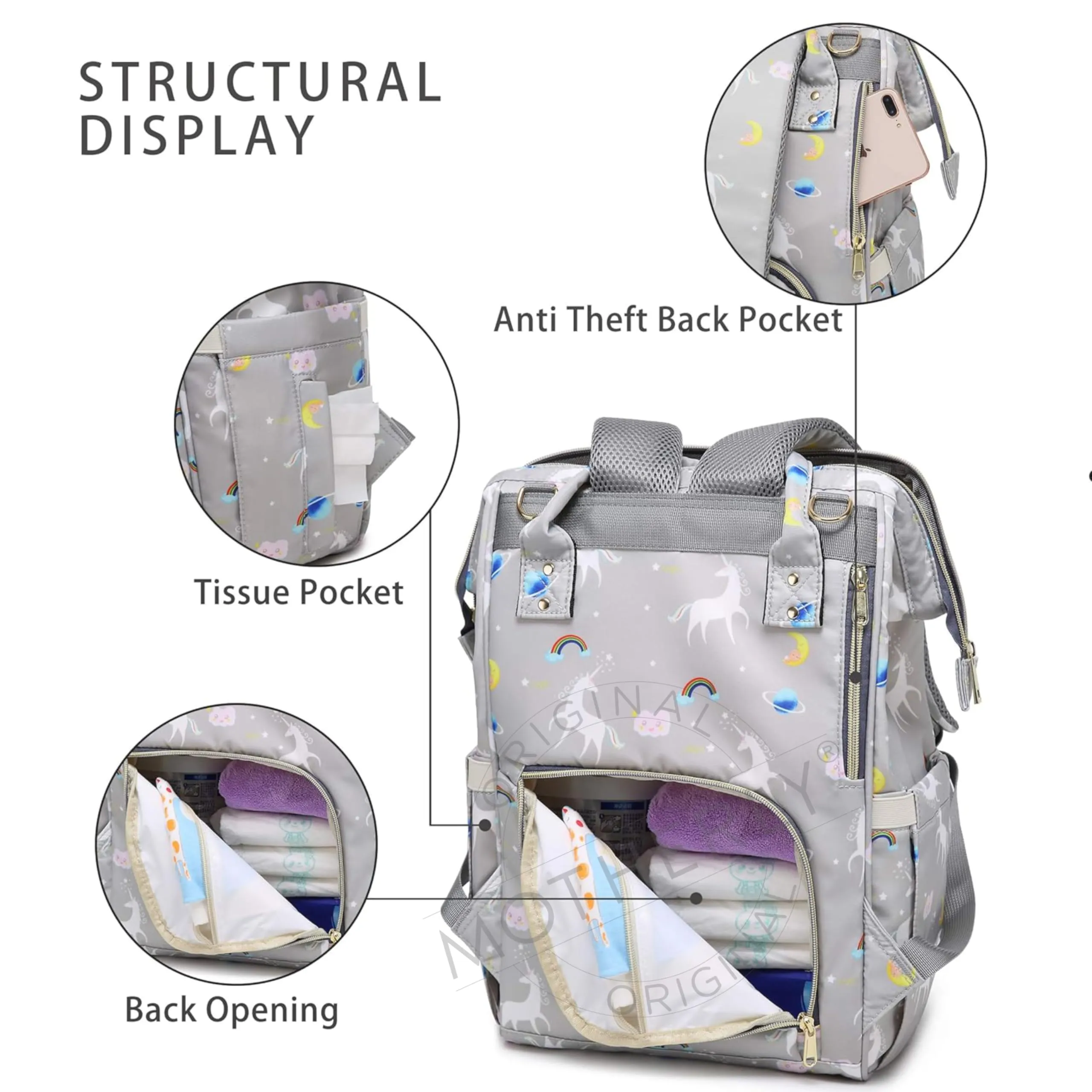 motherly Baby Diaper Bag, Mothers Maternity Bags for Travel |(Unicorn Gray-Style2)