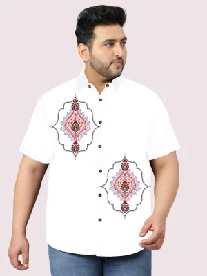 Motif Design Printed White Half Shirt Men's Plus Size