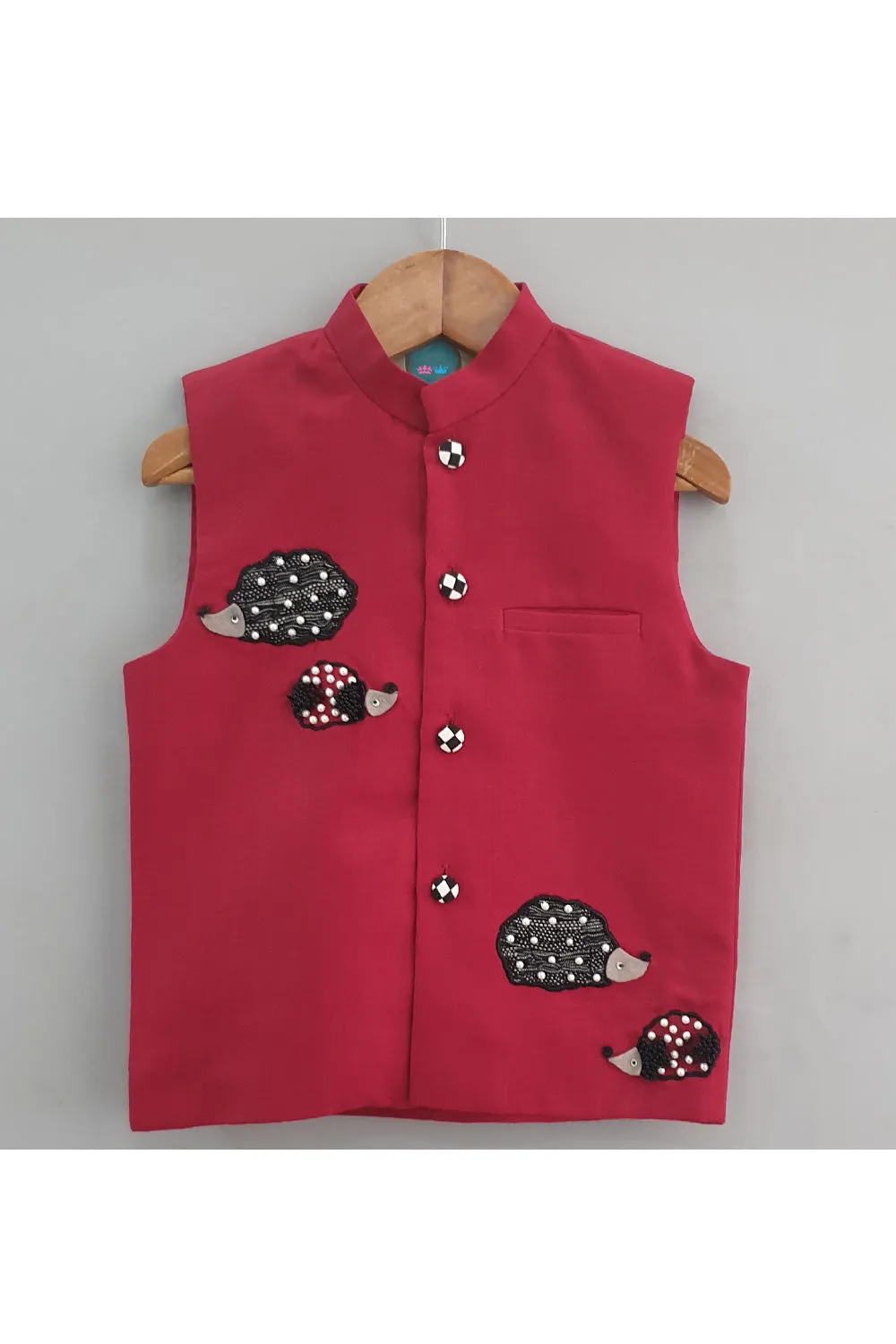 Mouse embroidered red nehru jacket