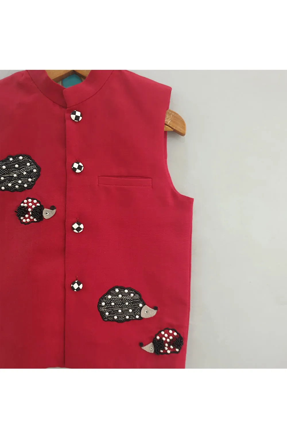 Mouse embroidered red nehru jacket