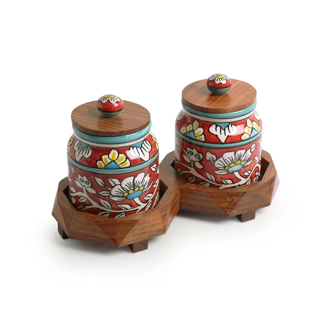 'Mughal Floral' Hand-Painted Ceramic Storage Jars & Containers with Tray (Set of 2, 440 ML)