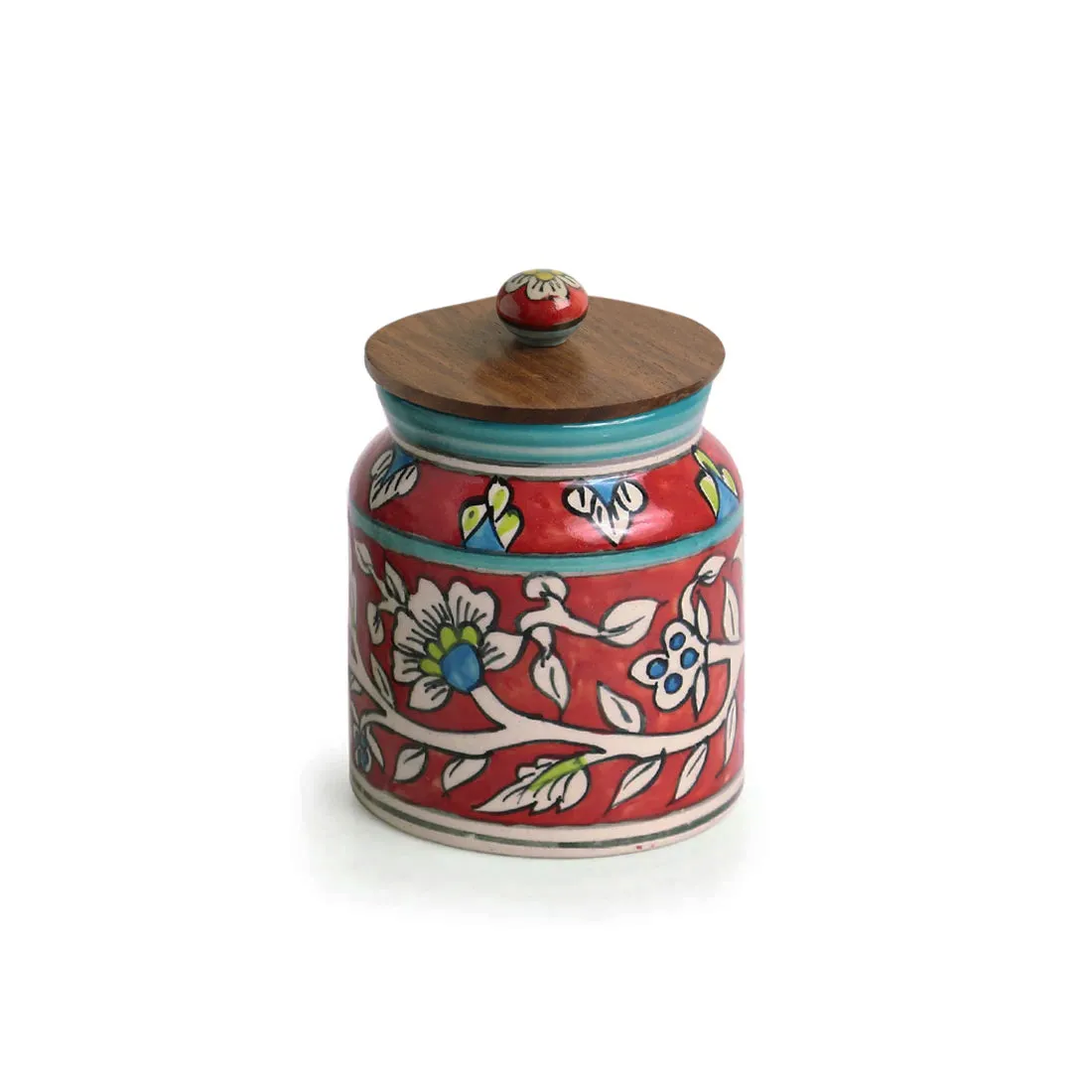 'Mughal Floral' Hand-Painted Ceramic Storage Jars & Containers with Tray (Set of 2, 440 ML)