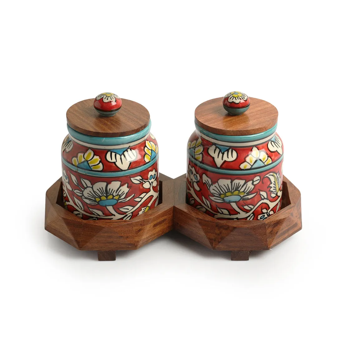 'Mughal Floral' Hand-Painted Ceramic Storage Jars & Containers with Tray (Set of 2, 440 ML)