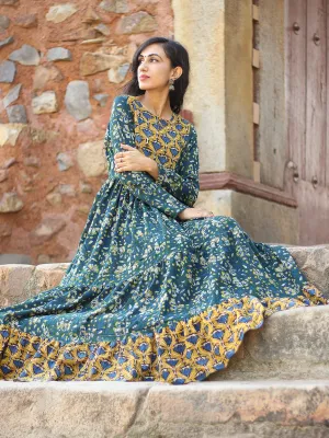 Mughal Inheritance - Hand Block Printed Long Cotton Tier Flared Dress - D139F1729