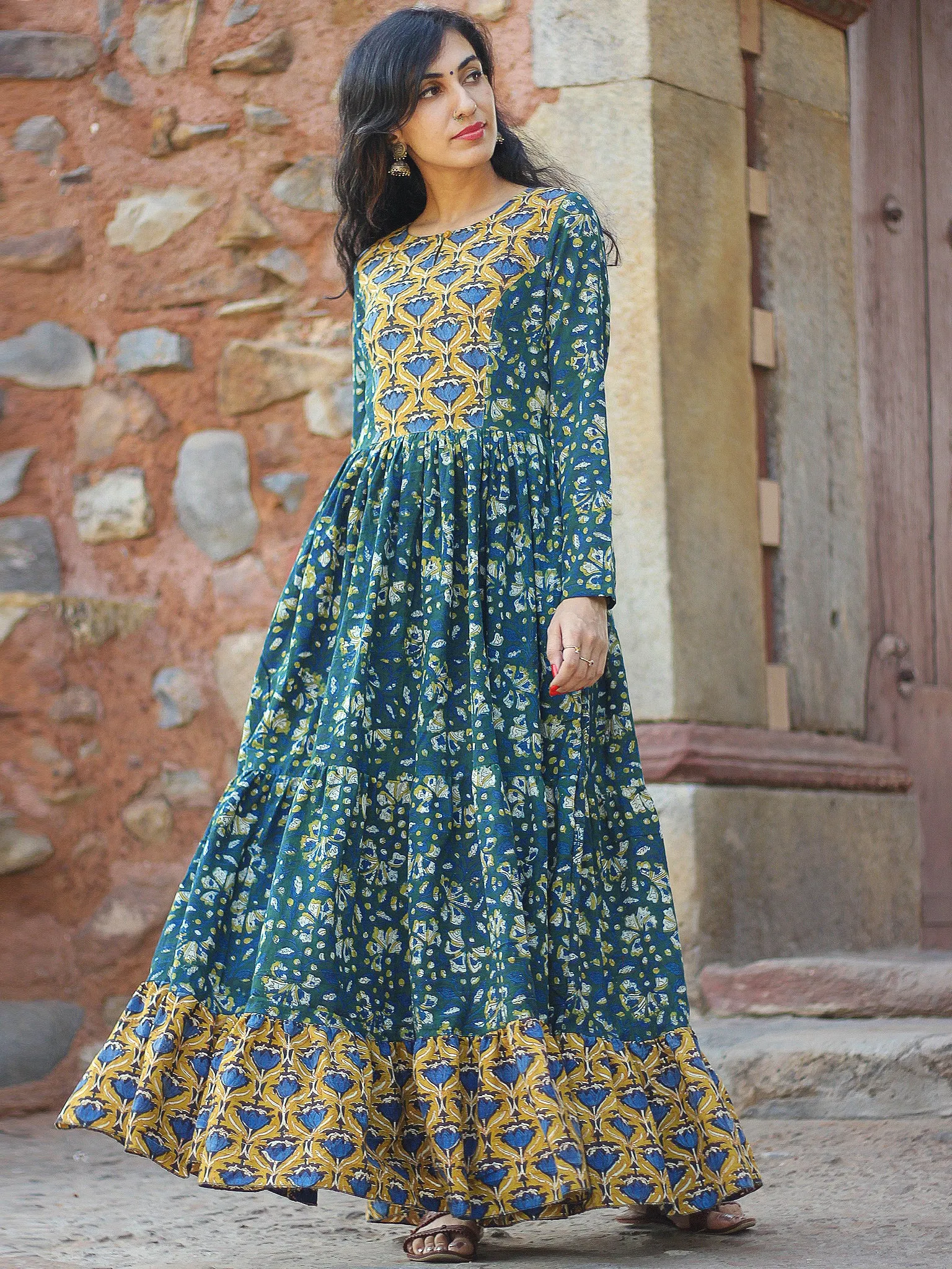 Mughal Inheritance - Hand Block Printed Long Cotton Tier Flared Dress - D139F1729