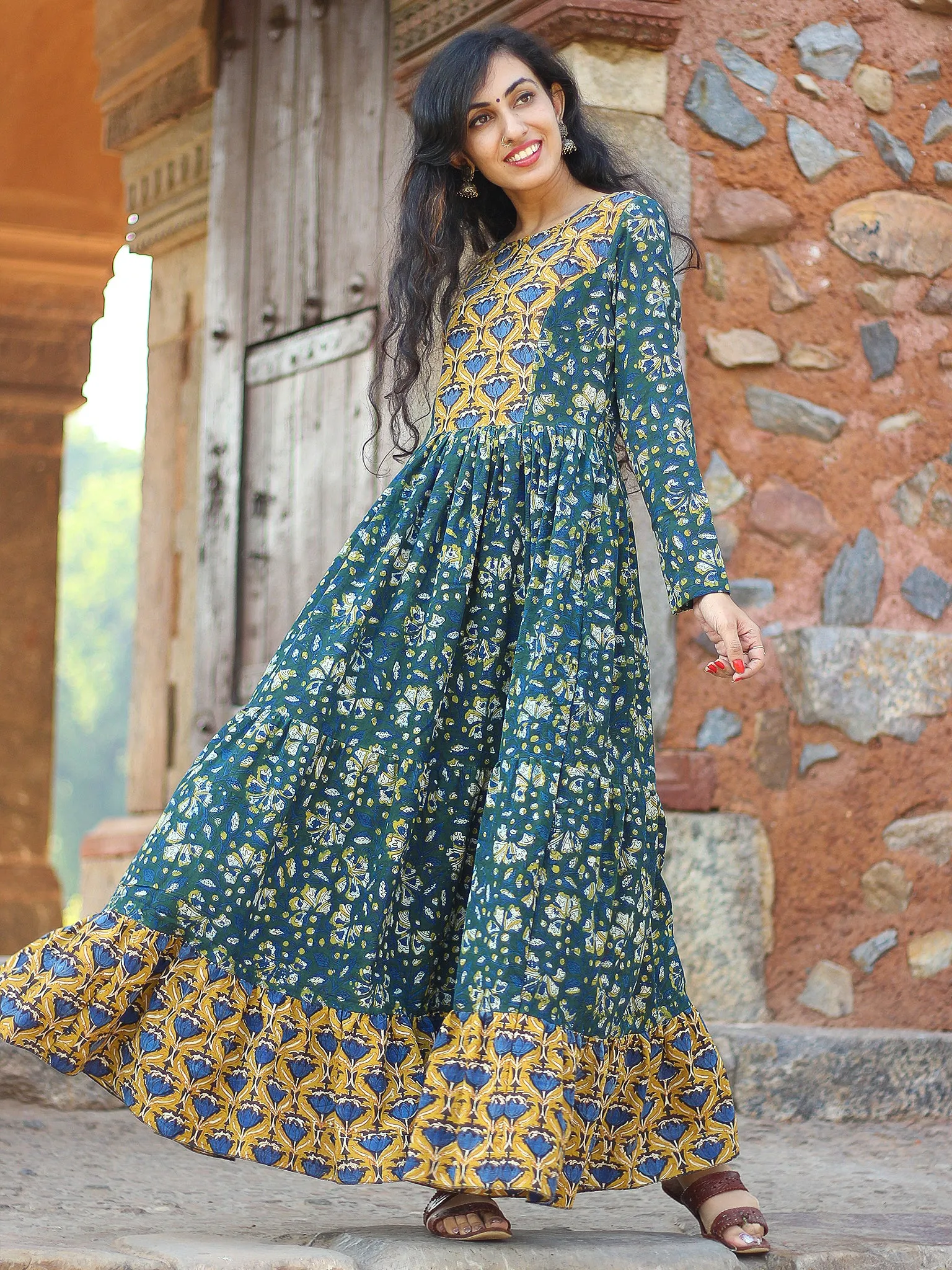 Mughal Inheritance - Hand Block Printed Long Cotton Tier Flared Dress - D139F1729