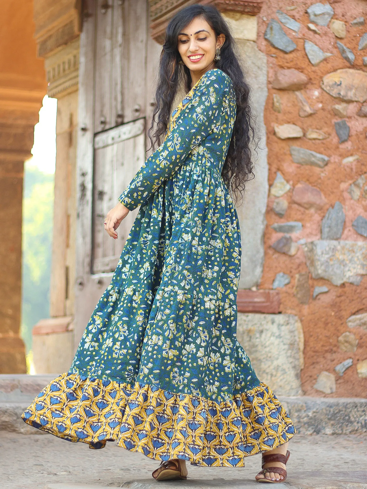 Mughal Inheritance - Hand Block Printed Long Cotton Tier Flared Dress - D139F1729