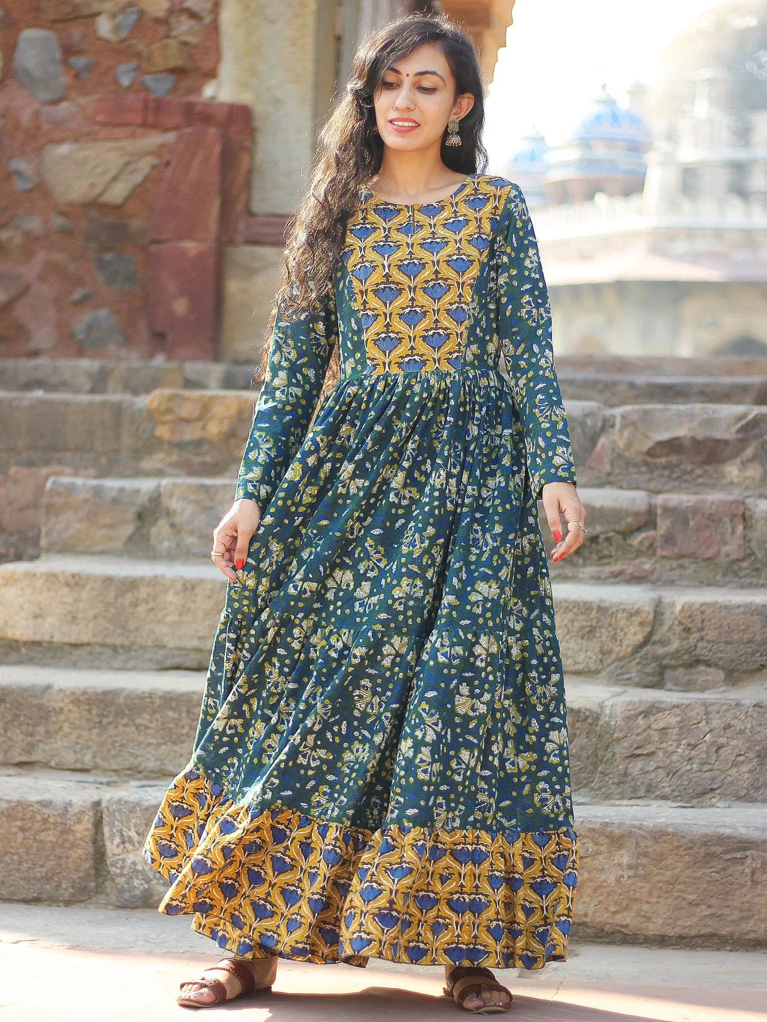 Mughal Inheritance - Hand Block Printed Long Cotton Tier Flared Dress - D139F1729