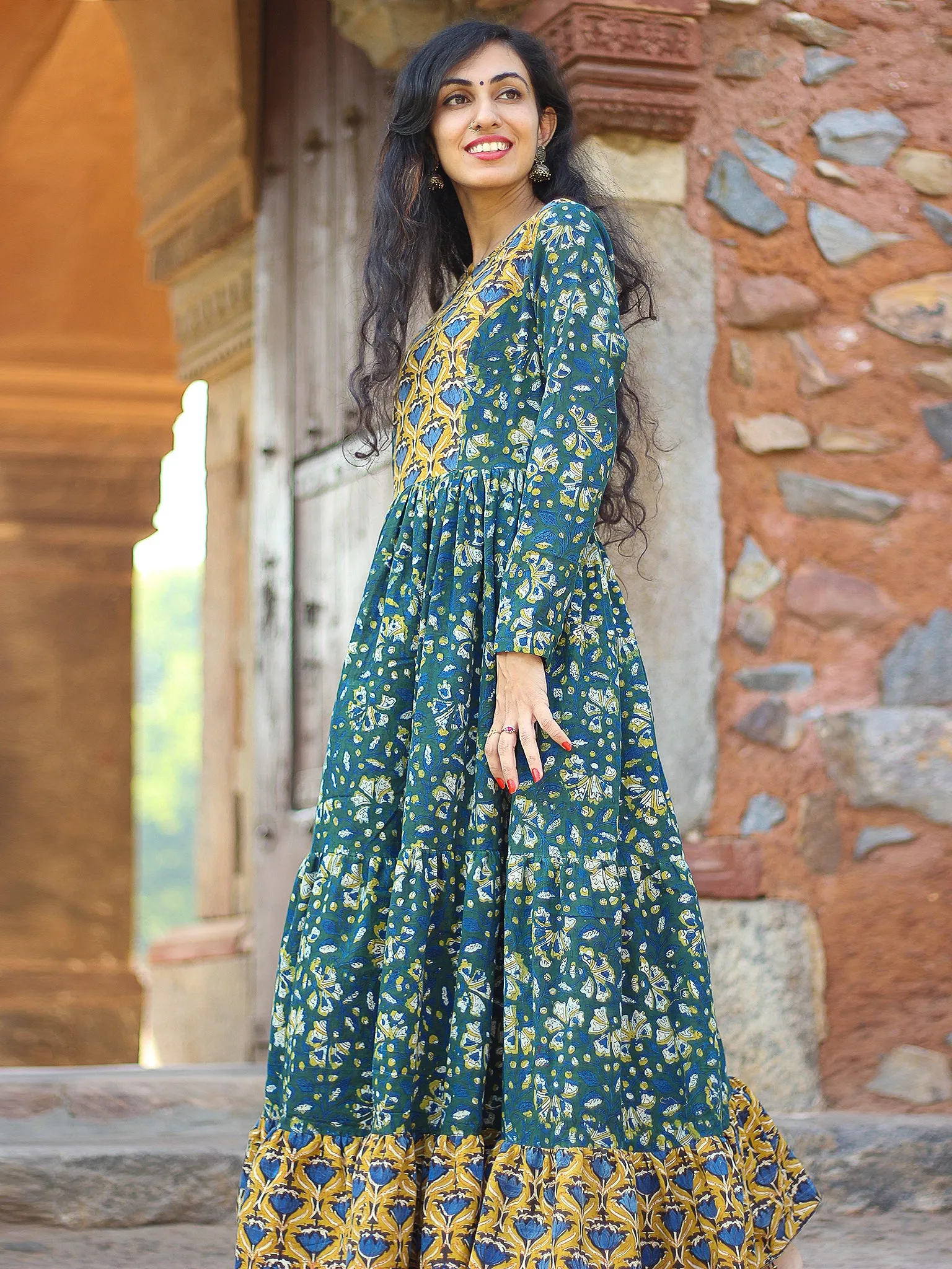 Mughal Inheritance - Hand Block Printed Long Cotton Tier Flared Dress - D139F1729