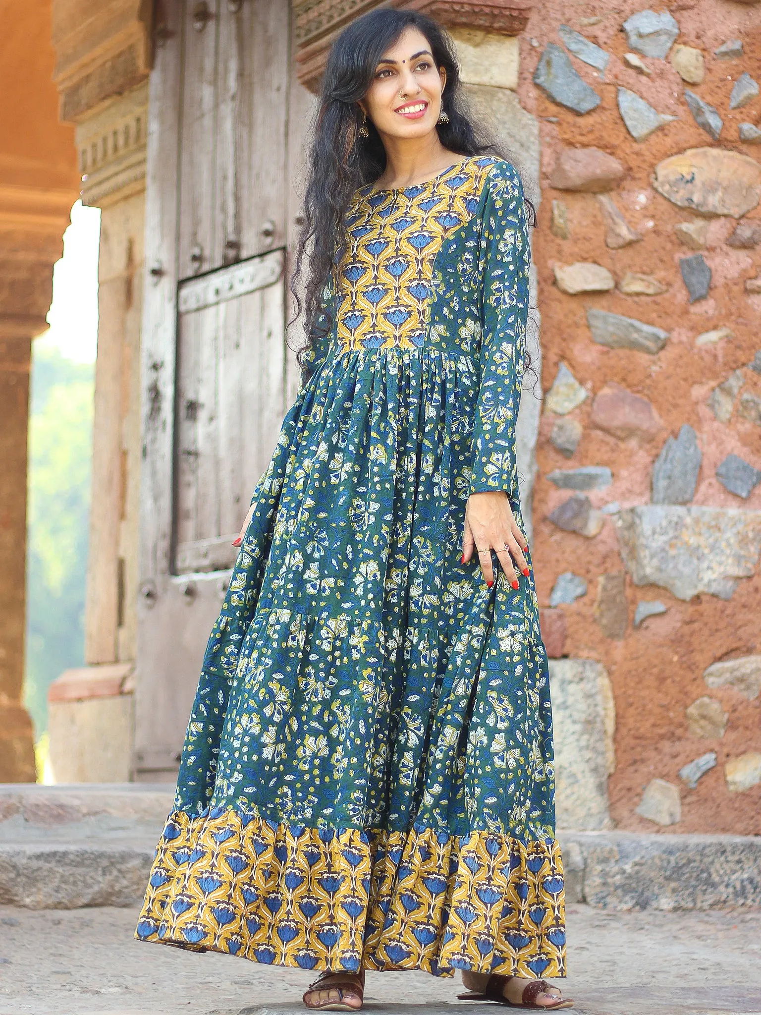 Mughal Inheritance - Hand Block Printed Long Cotton Tier Flared Dress - D139F1729