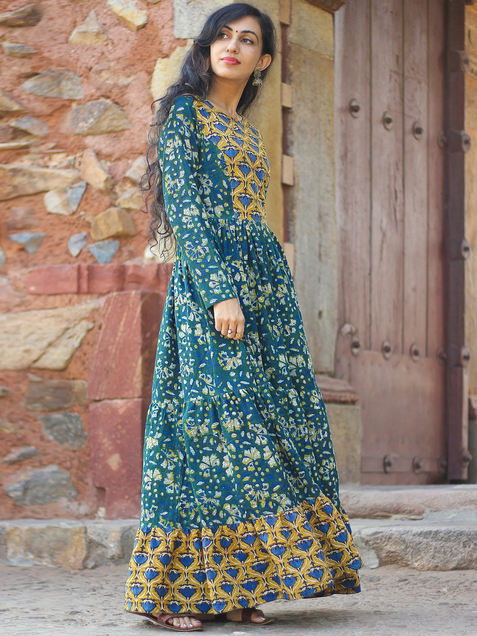 Mughal Inheritance - Hand Block Printed Long Cotton Tier Flared Dress - D139F1729