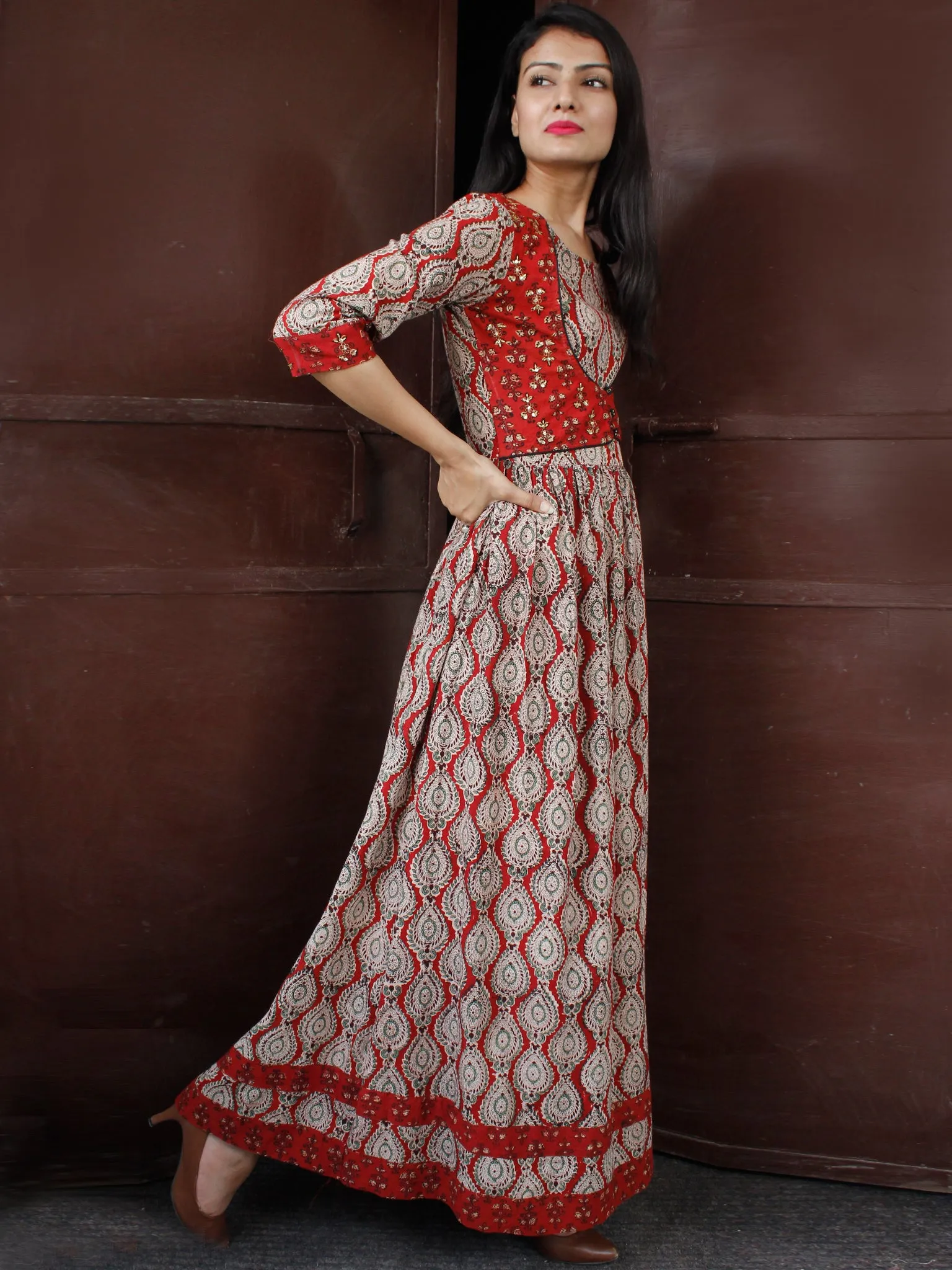 MUGHAL RETREAT - Hand Block Printed Long Cotton Dress With Sequence & Golden Zari Embroidery- D341F1811