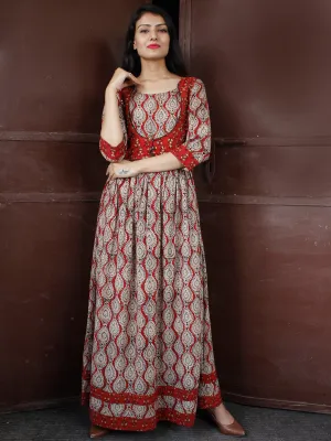 MUGHAL RETREAT - Hand Block Printed Long Cotton Dress With Sequence & Golden Zari Embroidery- D341F1811