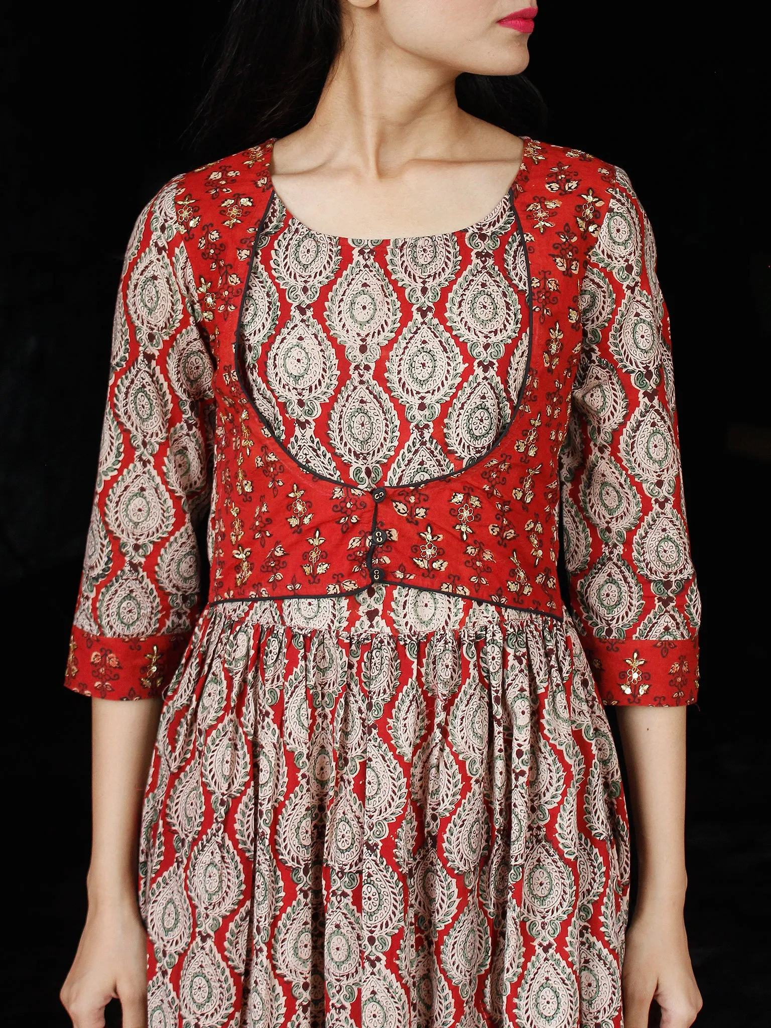 MUGHAL RETREAT - Hand Block Printed Long Cotton Dress With Sequence & Golden Zari Embroidery- D341F1811