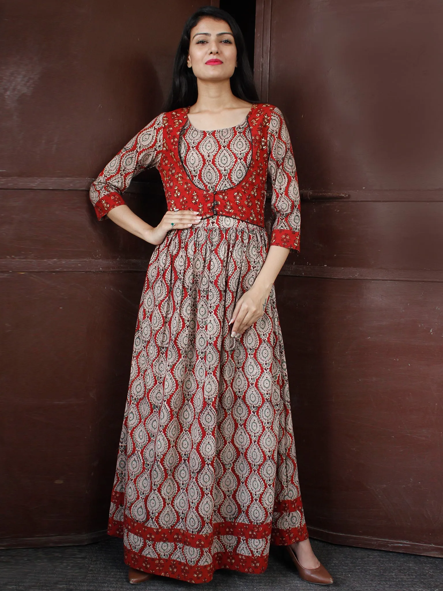 MUGHAL RETREAT - Hand Block Printed Long Cotton Dress With Sequence & Golden Zari Embroidery- D341F1811