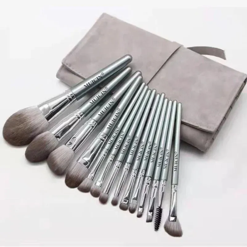 Muicin Grey Leather Pouch Eye Face With Fan Makeup Brush Set 14 Pieces