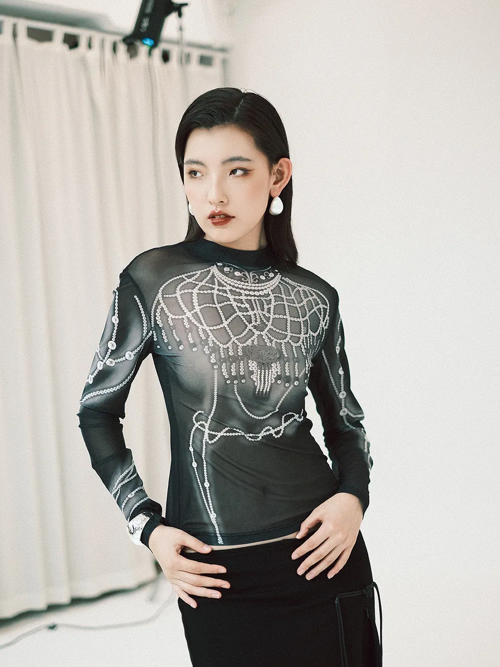 MUKZIN Linglong "Pearl" Printed Base Layer See-through Gauze Top