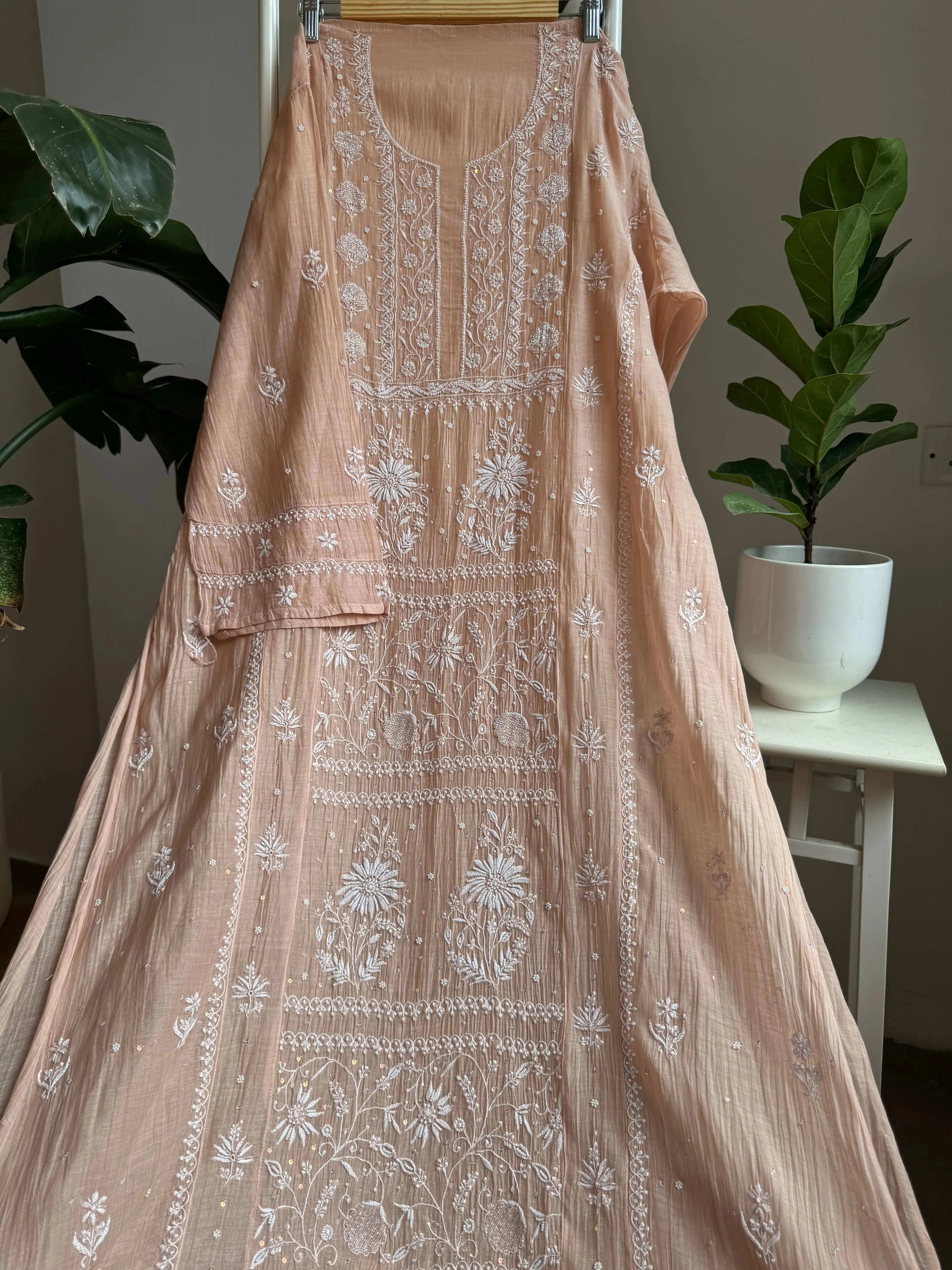 Mul Chanderi Straight Chikankari Tunic -Light Brown