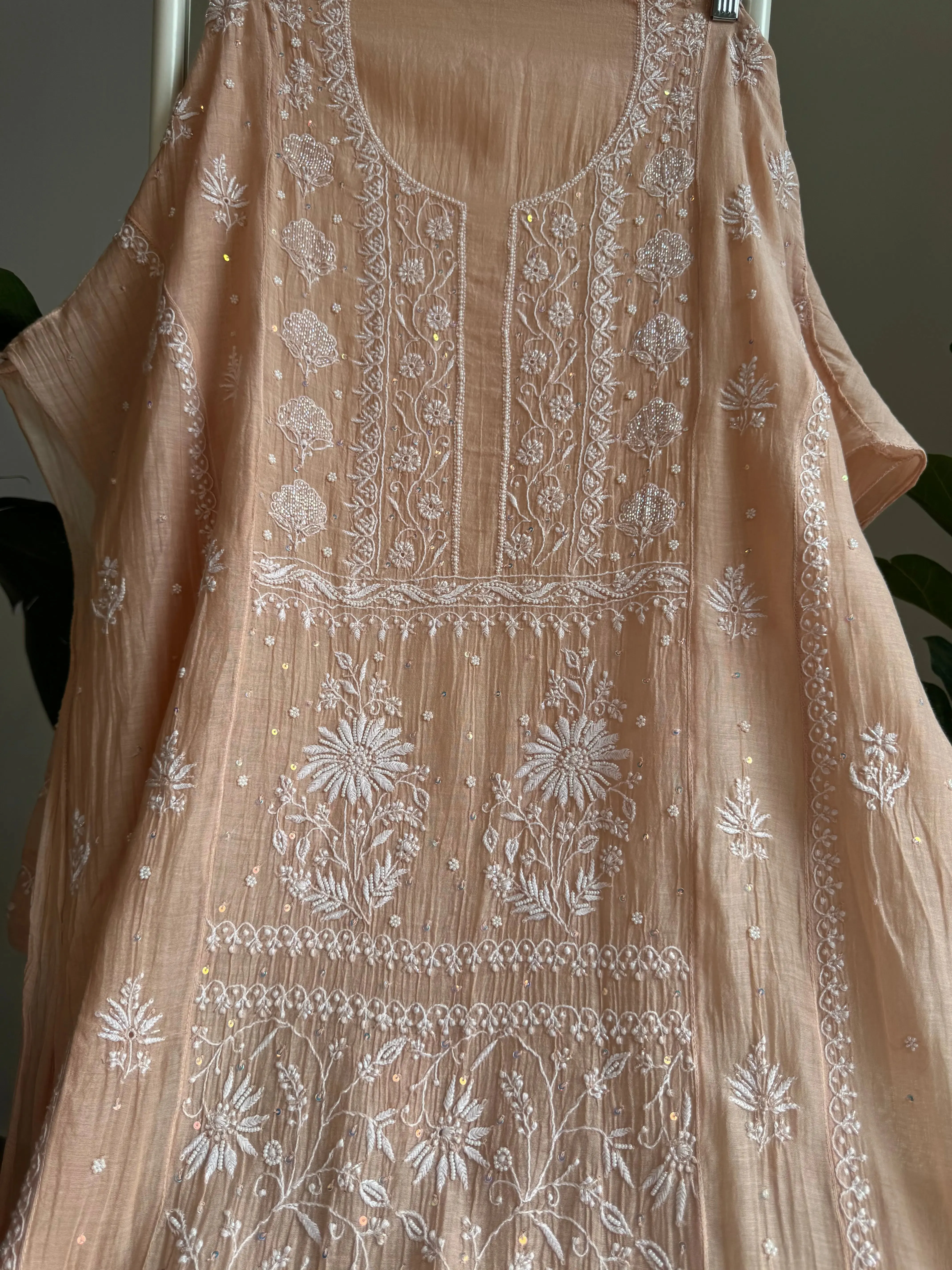 Mul Chanderi Straight Chikankari Tunic -Light Brown