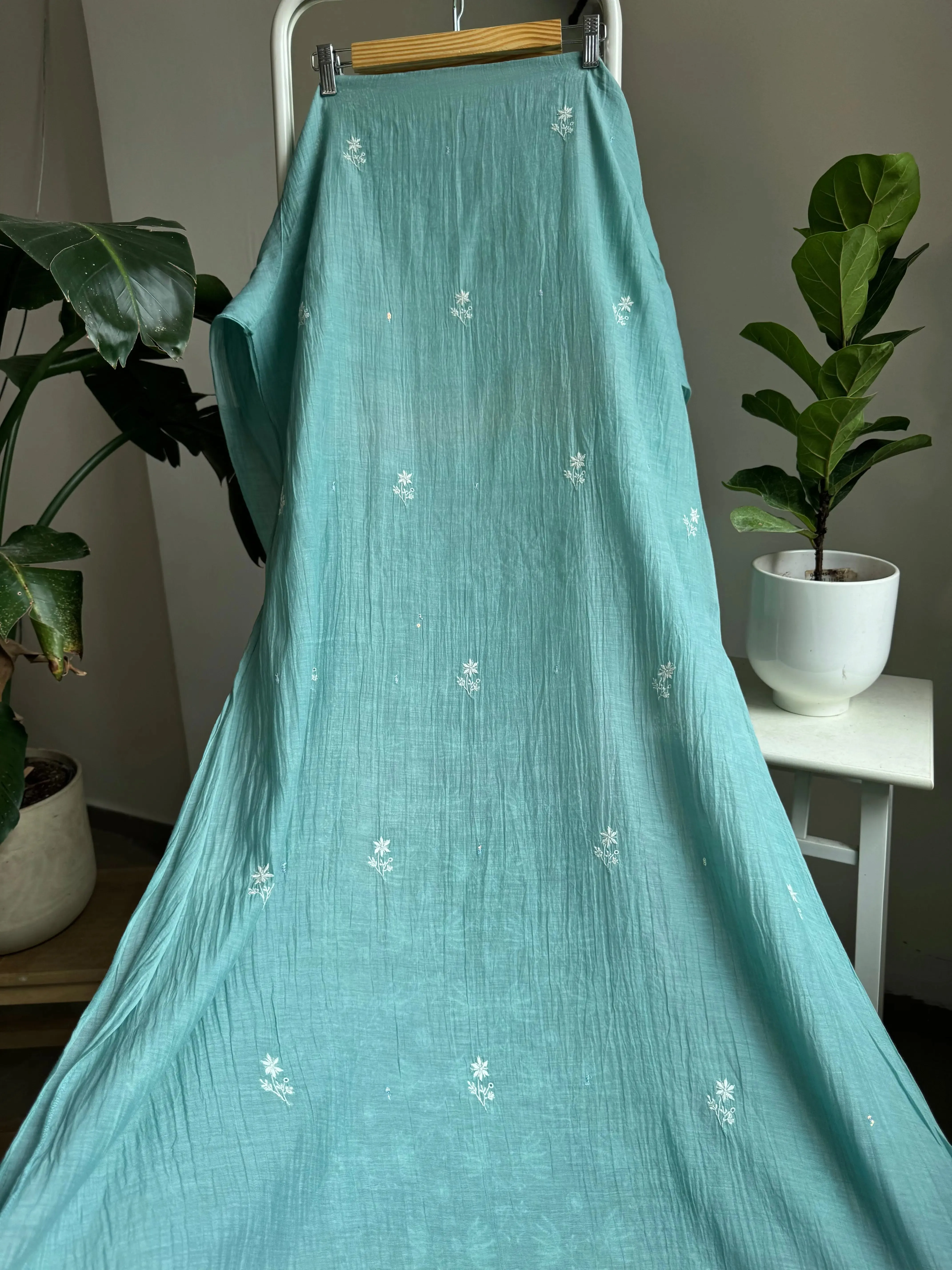 Mul Chanderi Straight Chikankari Tunic - Tiffany Blue